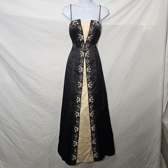 Vintage 90s y2k whimsigoth black cream embroidery prom formal dress